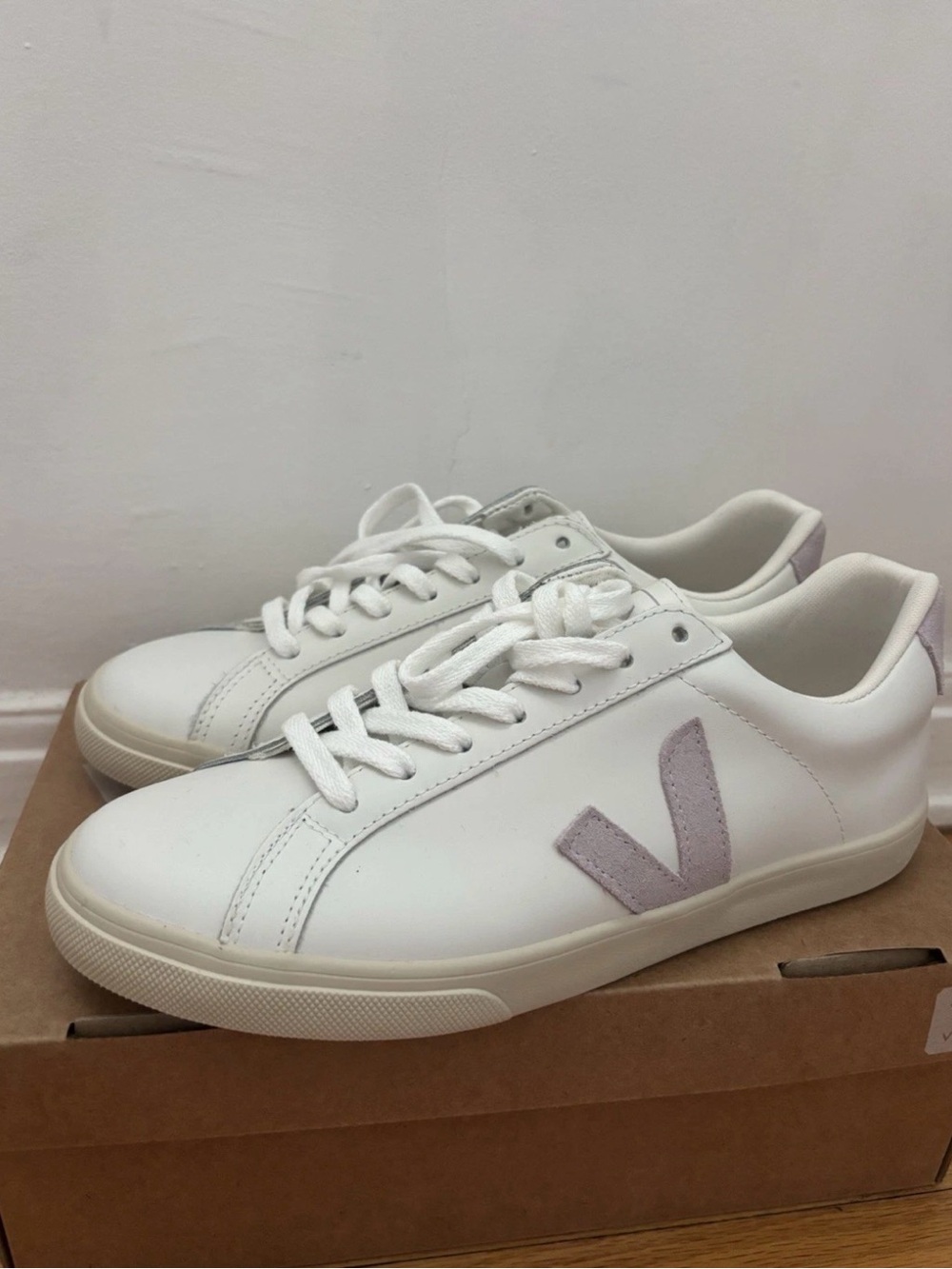 Veja White Leather Sneakers with Pale Lavender V Accent - Women's